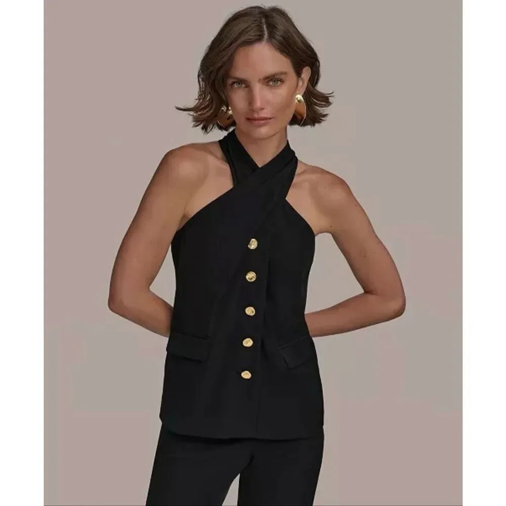 DonnaโKaran New York Twist Neck Halter Vest Black 12 Petite